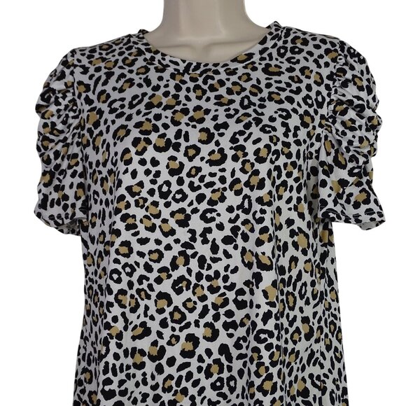 Les Amis Leopard Animal Print Ruffle Short Sleeve Top Women Size L Crewneck - Picture 1 of 9